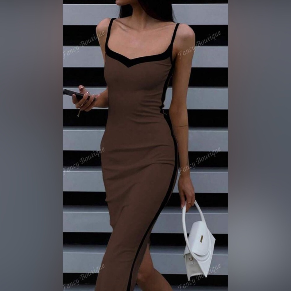 NEW Brown Dress with Black Stripe Detail and Back Slit